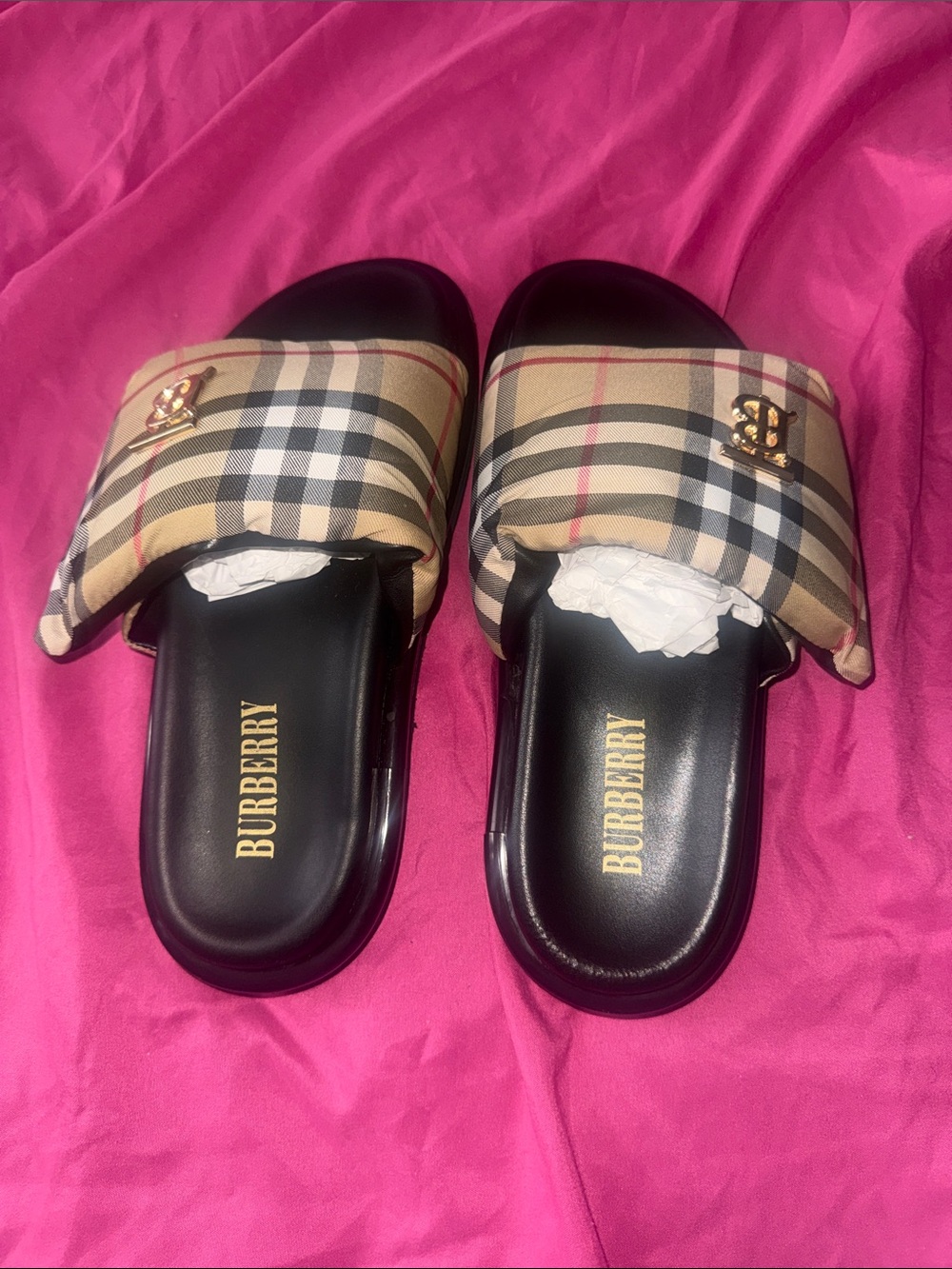 Burberry Beige Vintage Check Kids Slide Sandals with Gold Logo